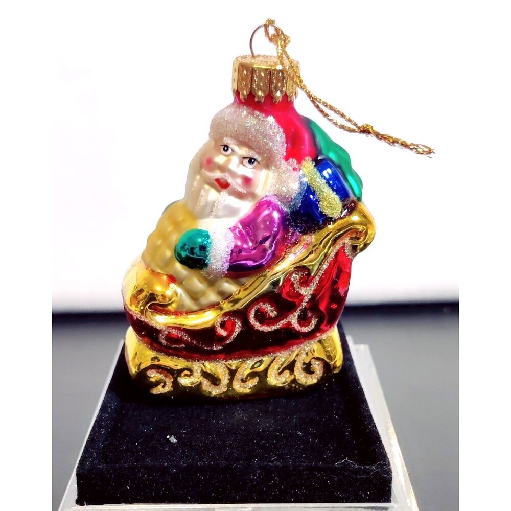 Vtg Santa Glass Christmas Ornament Red Sleigh Glitter 3" Boxed 2003 Target